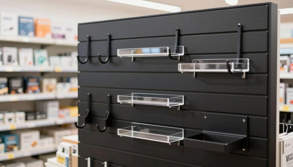 A well-organized display of black slatwall accessories arranged neatly against a bright, modern retail backdrop. In the foreground, focus on a selection of versatile slatwall hooks, clear acrylic shelving, and sturdy brackets, all expertly designed for optimal functionality. The middle ground features the slatwall system itself, showing the texture of the black panels and how accessories are seamlessly integrated. The background includes shelves filled with an array of products, effectively demonstrating the usage of the display hardware. Soft, even lighting enhances the sleek, professional atmosphere, accentuating the durability and versatility of the accessories. The composition should suggest an inviting retail environment that is both functional and stylish, with no text or human elements.