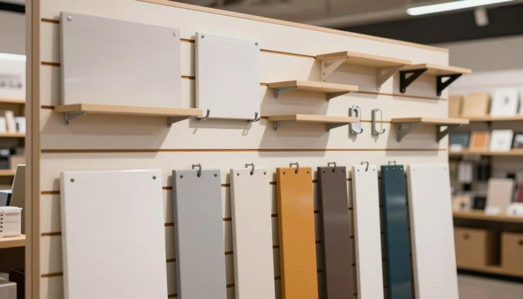A well-organized display of multiple slatwall panels in various colors, showcasing several accessories strategically hung throughout the panels. In the foreground, highlight a selection of heavy-duty slatwall panels made from durable PVC, demonstrating their strength and versatility. The middle ground features a variety of on-sale products, including hooks, shelves, and brackets, effectively illustrating the accessories that complement the slatwall system. The background should be softly lit to create a professional and inviting atmosphere, with a blurred showroom setting to enhance focus on the panels. Use natural, warm lighting to highlight the textures and finishes of the panels. The angle should be slightly elevated to capture the depth and functionality of the slatwall display, conveying a sense of accessibility and style.