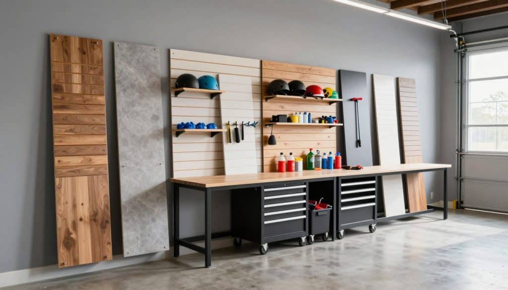 A well-organized garage environment showcasing various types of slatwall panels in the foreground. The slatwall panels should be displayed in different colors and textures, demonstrating their versatility—some panels featuring hooks and shelves loaded with tools and garage gear like helmets and cleaning supplies. In the middle ground, include a neatly arranged workspace with a workbench and tool storage beneath the slatwall, illuminated by bright, natural lighting coming from a nearby window. The background should show a clean, spacious garage with soft gray walls and an epoxy floor, creating a modern, efficient atmosphere. The angle should be slightly elevated to capture both the detailed slatwall installation and the overall organization of the garage. Emphasize a mood of practicality and innovation in garage design.