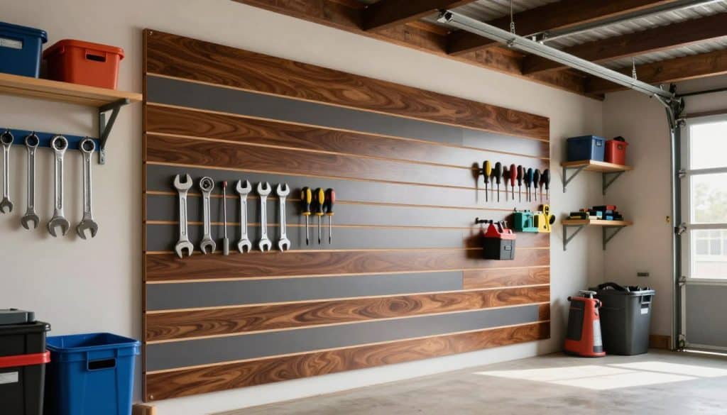 A well-organized garage featuring a polished slatwall panel system as the focal point. The foreground shows various tools, such as wrenches and screwdrivers, neatly hung on the slatwall, emphasizing functionality and strength. In the middle, the slatwall panels are crafted from high-quality materials with a sleek design, showcasing their versatility and durability. The background captures a well-lit garage environment with shelves and storage bins, giving a sense of order and efficiency. Soft, natural lighting highlights the textures and colors of the slatwall panels, while a wide-angle perspective enhances the spacious ambiance of the garage. The atmosphere is professional and inviting, perfect for showcasing a premium garage organizing solution.