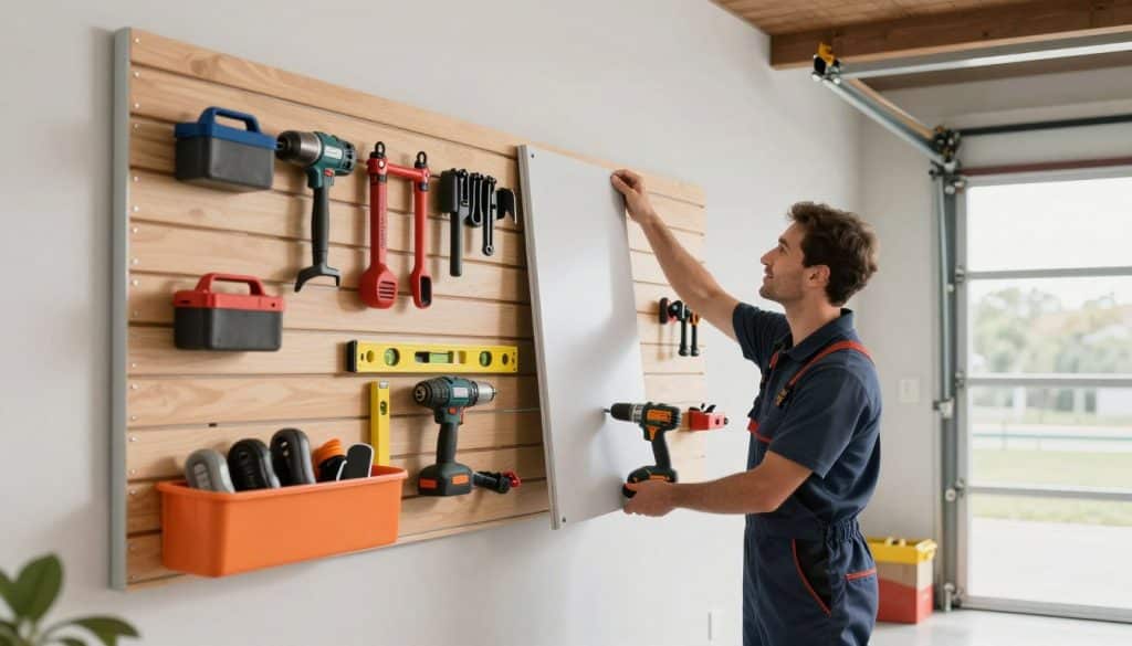 A well-organized garage featuring a slatwall panel system, showcasing various tools, sports equipment, and storage solutions neatly arranged. In the foreground, a friendly professional installer, dressed in a smart uniform, is expertly installing slatwall panels on a clean garage wall, emphasizing a focus on craftsmanship and reliable service. The middle ground includes additional tools and accessories that complement the organization, with a spirit level and drill resting nearby, demonstrating an active installation process. The background shows a bright, well-lit garage space with natural light filtering in through a window, creating an inviting and professional atmosphere. The mood is one of trust and competence, portraying a seamless blend of functionality and aesthetic appeal in garage organization.