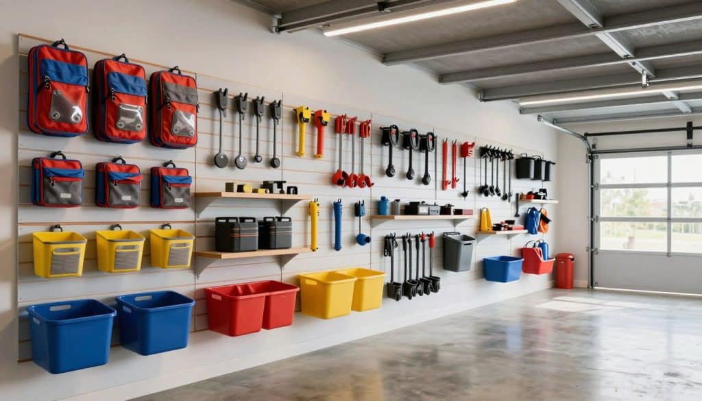A well-organized garage featuring an array of slatwall accessories and storage solutions. In the foreground, showcase colorful and neatly arranged garage organization bundles, including shelves, bins, and hooks. The middle ground should highlight a functional slatwall panel mounted on a clean wall, adorned with tools and equipment suspended in an orderly fashion. In the background, a modern garage space with polished concrete flooring and bright overhead lighting, creating a vibrant atmosphere. Use a wide-angle lens to capture the full scope of the garage, emphasizing spaciousness and efficiency. The mood should be practical and inviting, appealing to homeowners looking to enhance their garage organization. The scene should be free of any text or watermarks.