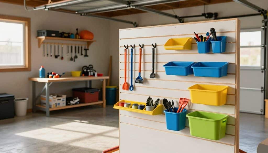 A well-organized garage featuring modern slatwall accessories in vibrant colors. In the foreground, a variety of hooks, shelves, and bins are neatly arranged on a slatwall panel, showcasing their functionality for tools, sports equipment, and gardening supplies. The middle ground highlights a well-lit workspace with a sturdy workbench, surrounded by stored items. In the background, the garage door is slightly opened, allowing natural light to pour in, illuminating the space with a warm, inviting glow. The overall mood is efficient and tidy, conveying a sense of practicality and organization. The scene is captured from a slightly elevated angle to emphasize the slatwall setup and storage solutions, creating a visually appealing composition.