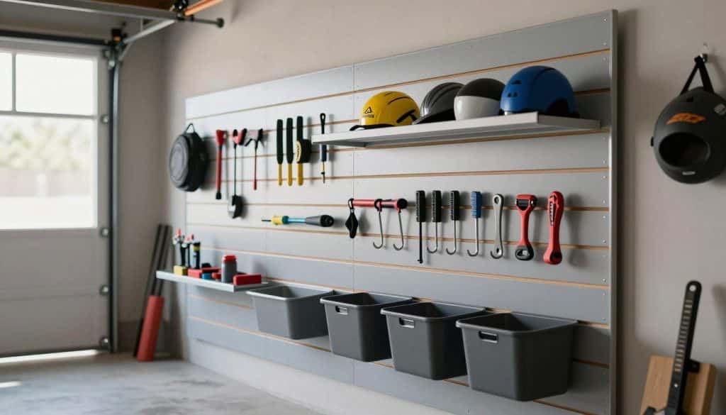 A well-organized garage featuring premium PVC slatwall panels in a sleek design. In the foreground, focus on the slatwall showcasing a variety of storage accessories, such as hooks, shelves, and bins in a polished finish. The middle ground reveals neatly arranged tools and sporting equipment, emphasizing functionality and style. In the background, light filters in through a large window, illuminating the space with a soft, bright ambiance. Use a shallow depth of field to create a soft blur around the edges, highlighting the slatwall. The mood should convey a modern and efficient workspace, ideal for real-world storage solutions in a garage environment, emphasizing both practicality and contemporary design aesthetics.