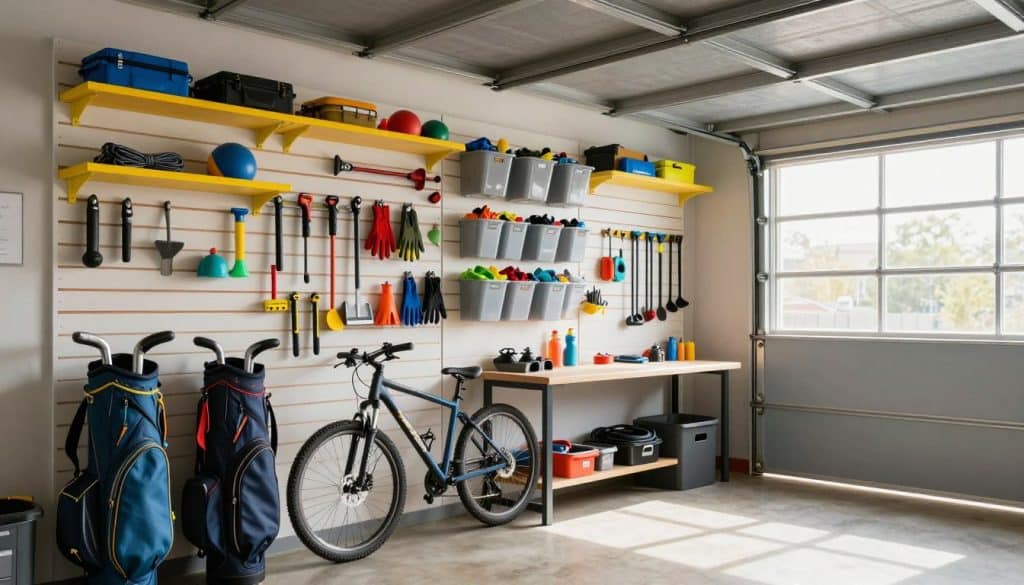A well-organized garage featuring slatwall panels with various storage accessories in vibrant, practical colors. In the foreground, focus on neatly arranged tools and sports equipment, such as golf bags, bicycles, and gardening tools, utilizing hooks and shelves. The middle section displays clearly labeled containers holding everyday gear, like gloves and ropes, while showcasing a clean workbench. The background consists of a spacious garage with ample natural light streaming in through a window, accentuating the organized chaos of a functional space. The mood is dynamic and inspiring, portraying an ideal environment for productivity and creativity. Capture this scene from a slightly elevated angle with a wide lens, allowing viewers to appreciate the entire ensemble without distraction.