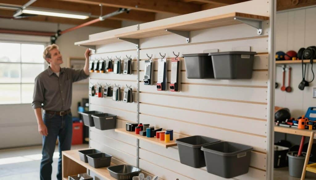 A well-organized garage showcasing a high-quality slatwall solution, prominently featured in the foreground with various accessories like hooks, shelves, and bins neatly arranged. In the middle ground, a satisfied customer in professional attire examines the slatwall, highlighting its practicality and versatility. The background reveals a well-lit garage with tools and sports equipment, emphasizing a clean and efficient workspace. Soft, natural lighting streams in from a window, creating a welcoming and trust-inducing atmosphere. The camera angle is slightly elevated, providing a comprehensive view of the slatwall setup. The overall mood conveys reliability and professionalism, illustrating why Alabama Mississippi Slatwall Depot is the go-to source for slatwall accessories.