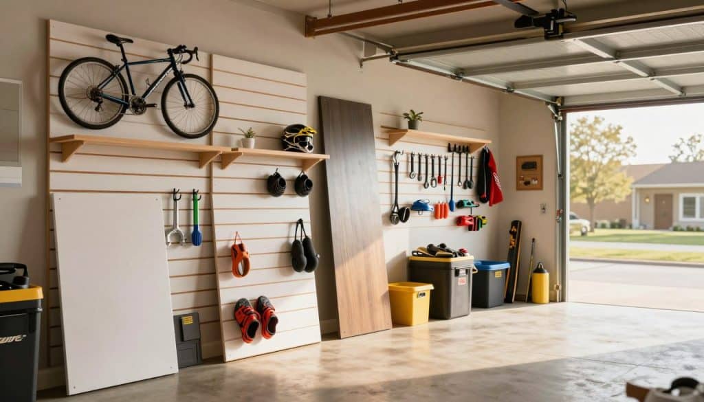 A well-organized garage showcasing a variety of slatwall panels in a neat, functional layout. In the foreground, a close-up of several mounted slatwall panels featuring hooks, shelves, and decorative elements like bicycles and sports gear, illustrating versatility. The middle ground includes a well-lit garage space, with tools arranged on the walls and storage bins beneath, creating an efficient organization system. The background features an open garage door revealing a bright, sunny day, enhancing the welcoming atmosphere. The lighting is warm and inviting, creating a sense of usability and practicality. The overall mood is professional and appealing, highlighting the quality and attractiveness of slatwall systems from Alabama Mississippi Slatwall Depot.