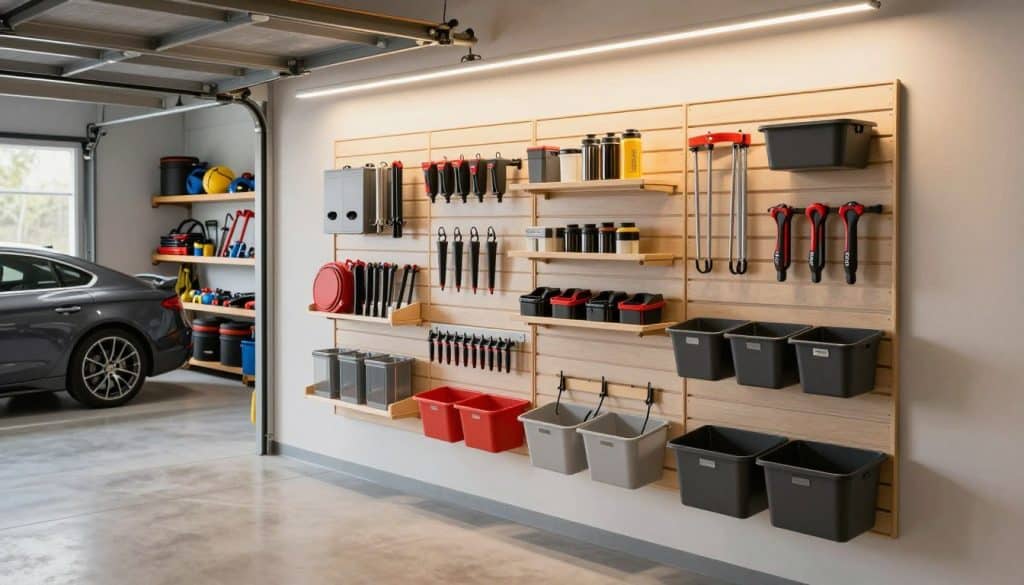 A well-organized garage showcasing an efficient slatwall accessory system. In the foreground, display a variety of slatwall accessories in use, such as hooks, shelves, and bins, meticulously arranged to maximize storage space. The middle ground features a clean, modern garage floor with a car parked, emphasizing the utility of the slatwall system. In the background, include shelves stocked with tools and sports equipment, all complemented by bright overhead LED lighting that casts a warm glow across the scene. The angle should be slightly tilted from above, providing a strategic view of the layout, evoking a sense of order and practicality. The overall atmosphere is one of functionality and aesthetic appeal, ideal for anyone seeking to optimize their garage space.