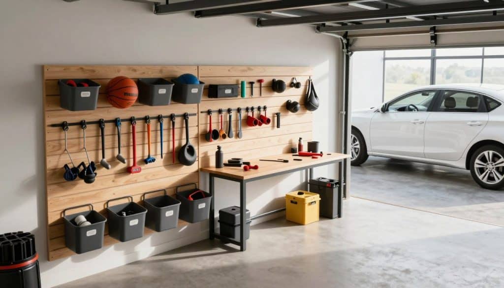 A well-organized modern garage layout featuring a wall-mounted slat wall system for versatile storage solutions. In the foreground, display neatly arranged tools, sports equipment, and labeled storage bins hanging on the slat wall. The middle space showcases a compact workbench with a few tools, providing a functional workspace. The background features a pristine vehicle parked in a well-lit area, with natural light streaming through a window, reflecting a clean and spacious environment. Soft shadows create depth, enhancing the structure and organization within the garage. The mood is inviting and practical, exuding a sense of tidiness and efficiency. Use a wide-angle lens to capture the entirety of the garage layout from an elevated perspective.
