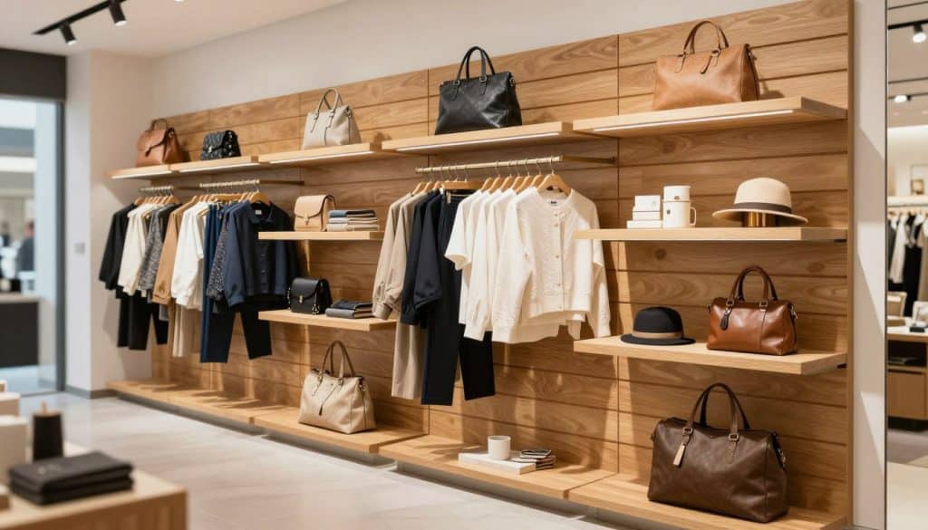 A well-organized retail slatwall display showcasing various products, such as clothing and accessories, on elegant wood slatwall panels for a sophisticated look. In the foreground, include neatly arranged shelves with items like handbags, hats, and small decor, all well-lit to highlight their textures and colors. The middle ground features a wide view of the slatwall, emphasizing the versatility and functionality of the display, with bright, natural lighting that enhances the wood grains and reflects off the polished surfaces. In the background, a clean, modern retail environment can be seen, with soft-focus to keep attention on the slatwall. The overall atmosphere conveys a sense of professionalism and readiness for retail, perfect for showcasing premium shelving solutions.