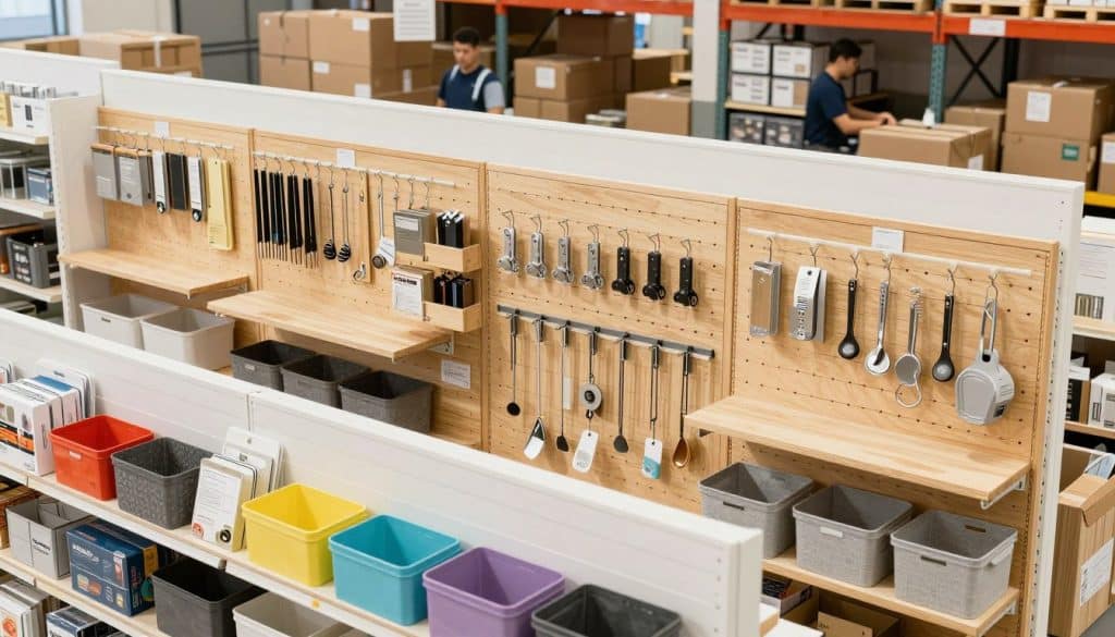 A well-organized storage area showcasing Slatwall panels filled with various accessories such as hooks, shelves, and bins. In the foreground, a neatly arranged display features colorful merchandise, emphasizing functionality and efficiency in retail space. The middle ground reveals a beautifully designed slatwall section, with soft, diffused lighting that highlights the textures of the wood and the sheen of metal fixtures. In the background, a warehouse setup can be glimpsed, featuring stacked boxes and an open workspace where workers in professional attire prepare shipments. The atmosphere is bright and inviting, suggesting a streamlined ordering and delivery process. The image is shot from a slightly elevated angle, providing a comprehensive view of the organized product display and storage solution.