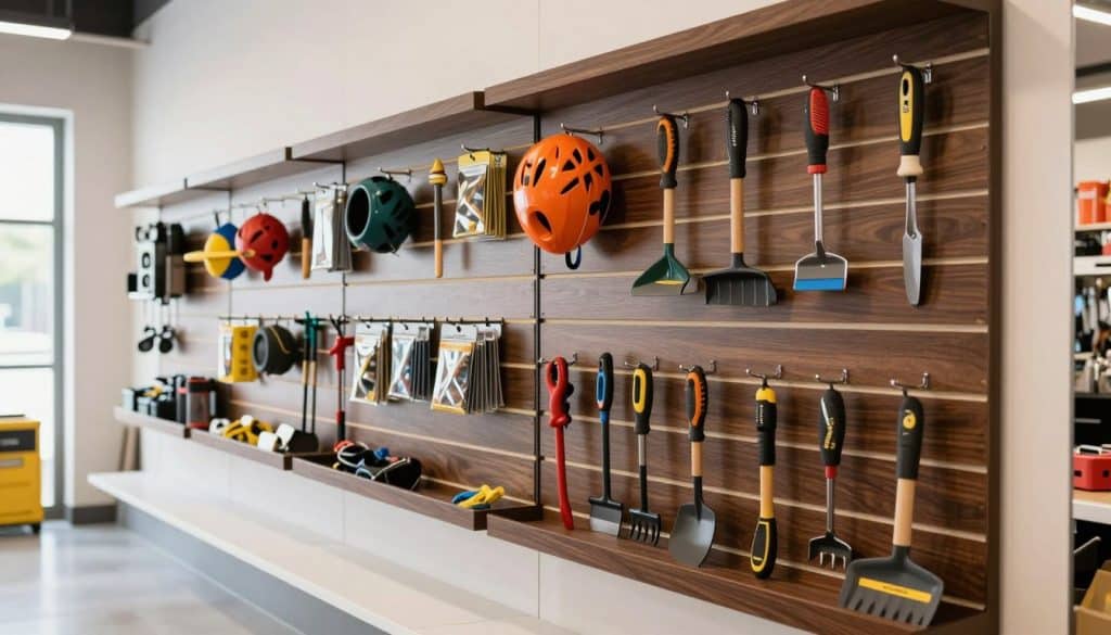 A well-organized wall storage setup featuring premium slatwall panels in a retail space, displaying a variety of tools and merchandise neatly arranged for visibility. The foreground showcases a close-up of the slatwall panels in a rich, deep finish, highlighting the durability and craftsmanship of USA-made materials. In the middle ground, various hooks and accessories hold diverse items such as gardening tools, sports equipment, and retail products, emphasizing functionality. The background features a bright, well-lit environment with white walls and sleek shelving to enhance the modern atmosphere. The lighting is natural, coming from large windows, creating a warm and inviting ambiance that suggests professionalism and efficiency. The angle captures depth and showcases the storage system's versatility, suitable for retail, garage, and workshop storage.