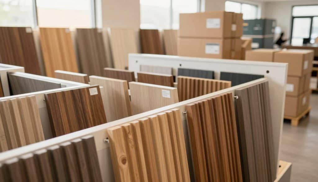 An inviting showroom featuring a variety of vibrant and stylish slat panel wall designs. In the foreground, showcase a close-up view of textured slat panels in earthy tones like oak and walnut, highlighting their versatility and elegance. The middle ground should display a well-organized display of different slat panel options, with sleek shelving and hooks for product showcasing. In the background, softly blurred, there are stacks of shipping boxes labeled for delivery, indicating an operational fulfillment area. The scene is illuminated by warm, natural light streaming through large windows, creating a welcoming and professional atmosphere. Capture the image with a slight overhead angle to emphasize the depth and layout of the showroom. The overall mood is inviting, emphasizing quality and service.