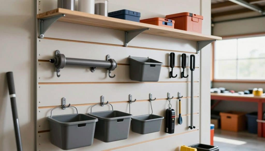 A detailed slatwall panel showcasing various heavy-duty slatwall accessories like shelves, hooks, and bins, arranged neatly to demonstrate weight capacity in a garage setting. The foreground features a close-up of the slatwall, highlighting the sturdy construction and diverse attachment options. In the middle ground, a well-organized garage with tools and equipment, illuminated by soft, natural light streaming in through a window. In the background, a hint of the garage's interior, including a workbench and storage boxes. The image captures a professional atmosphere, emphasizing durability and safety. The overall mood is clean, functional, and inviting, emphasizing the practicality of slatwall solutions.