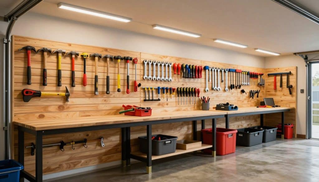 A well-organized garage featuring an expansive slatwall panel system. In the foreground, a neatly arranged array of garage tools like hammers, wrenches, and screwdrivers hanging from hooks on the slatwall in vibrant colors. In the middle, a spacious workbench made of sturdy wood with a few tools and a storage bin stacked nearby for garage organization. The background showcases a clean, well-lit garage space with sealed concrete flooring and bright LED lights casting a warm ambiance. Capture the scene with a wide-angle lens to emphasize the dimensions of the space, creating a functional and inviting atmosphere for storage solutions. The overall mood is of efficiency and order, ideal for planning garage organization.