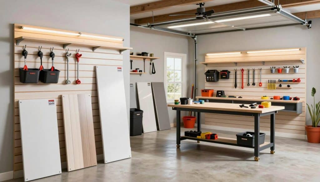 A well-organized garage showcasing high-quality slatwall brand solutions from Alabama Mississippi Slatwall Depot. In the foreground, display a variety of slatwall panels, well-mounted, highlighting their versatility with hooks holding tools, storage bins, and display shelves. In the middle ground, a neatly arranged workspace can be seen, with a sturdy workbench and organized tools, all illuminated by bright, natural lighting. The background features an aesthetically pleasing garage layout, with clean lines and a cohesive color palette. The atmosphere conveys efficiency and a professional environment, emphasizing the functional beauty of slatwall solutions. Use a wide-angle lens to capture the whole scene, creating an inviting and pragmatic illustration of ideal garage organization.