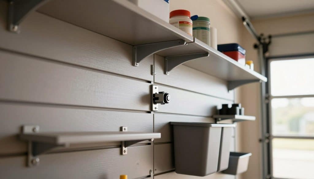 A close-up view of a modern locking slatwall system, featuring durable, interlocking panels showcasing a sleek design in a neutral palette. The foreground highlights an array of practical accessories securely attached to the slatwall, such as hooks, shelves, and storage bins, emphasizing functionality and safety. The middle ground features the locking mechanism, showcasing its robust construction with polished metal and sturdy plastic components. In the background, a well-organized garage setting with soft, natural lighting streaming in through a window creates a warm and inviting atmosphere. The angle is slightly elevated, giving a comprehensive look at the system's features while maintaining focus on its durability and security. The overall mood conveys professionalism and reliability, ideal for showcasing premium garage storage solutions.