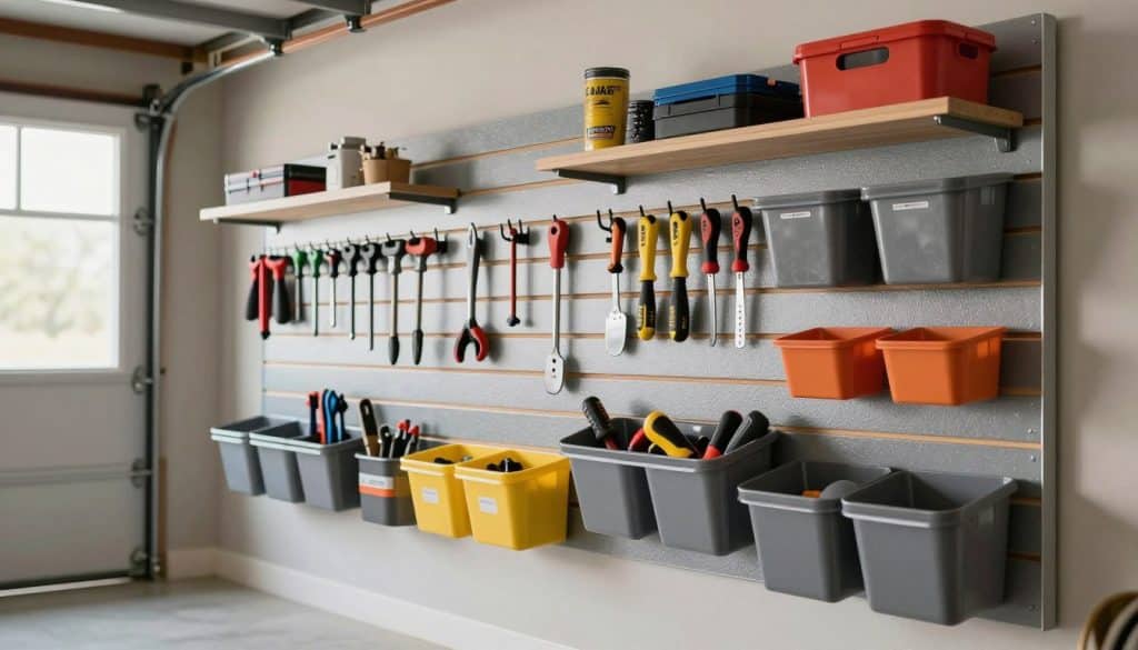A well-designed slatwall panel system in a spacious garage, featuring a variety of organized accessories such as hooks, baskets, and shelving units. In the foreground, the slatwall displays bright, efficient tool management solutions, showcasing a mix of durable materials designed for heavy-duty use. In the middle ground, neatly arranged hand tools and storage bins create an inviting and organized look. The background reveals a well-lit garage with soft, natural lighting filtering through a window, enhancing the clean, professional atmosphere. The lens focuses on the slatwall's textured surface, capturing its quality craftsmanship. The overall mood is practical and inspiring, reflecting premium, USA-made solutions for a tidy and efficient garage space in Alabama or Mississippi.