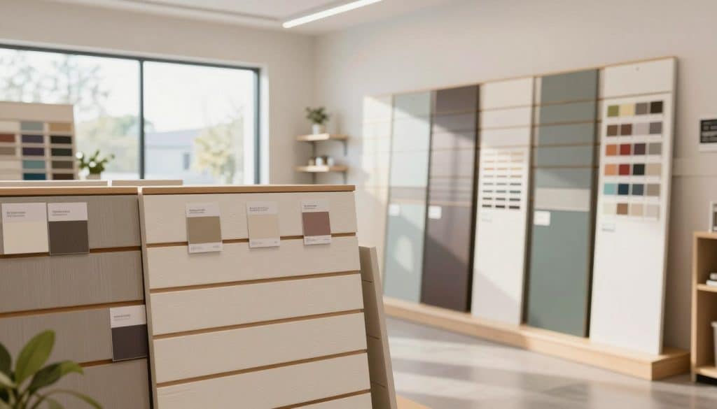 A well-lit display showcasing USA-made, ready-to-paint slatwall panels in a modern retail setting. In the foreground, focus on a close-up of beautifully textured slatwall panels, visibly lined, displaying various paint samples pinned on them. In the middle, a well-organized retail space features slatwall solutions in various colors, complemented by minimalist shelving that enhances their versatility. The background should depict a bright, inviting room with soft natural light filtering through large windows, casting gentle shadows on the walls. Capture an inviting atmosphere that conveys professionalism and creativity, encouraging customization for retail and home spaces. Use a wide-angle lens to emphasize the spaciousness, creating a sense of flow and openness.