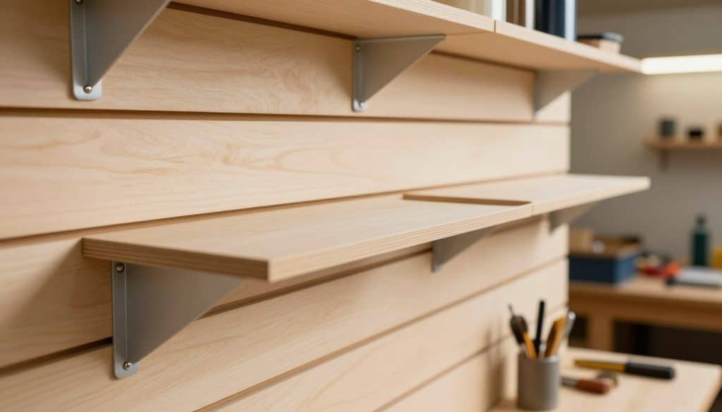 A detailed close-up of an MDF slatwall panel showcasing its unique features and build quality. The foreground highlights the neat grooves and finish of the slatwall, emphasizing the texture and color variations of the MDF material. The middle ground includes various modular shelving units and brackets mounted on the slatwall, demonstrating its practical application for storage solutions. The background features a softly lit workshop environment, with tools and materials subtly blurred to focus attention on the slatwall panel. The lighting is warm and inviting, creating a professional atmosphere. The angle is slightly tilted from above, providing a comprehensive view of the panel's structure and versatility. Aim for a clean, organized look that reflects quality craftsmanship and functionality, with no text or distractions.