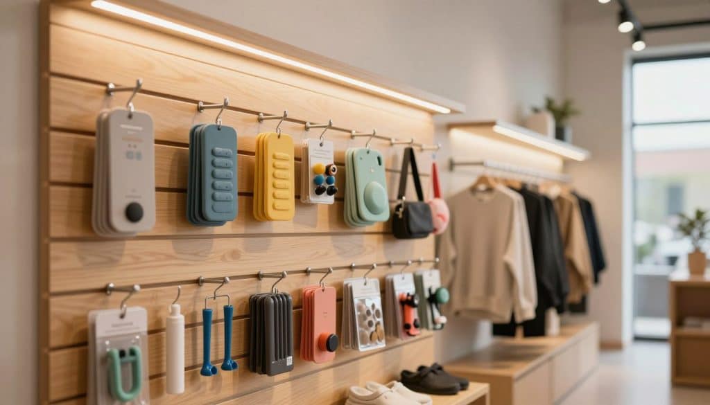 A modern retail space featuring a slatwall wall in the foreground, showcasing various display hooks and accessories neatly organized. The slatwall panels are made of polished, light-colored wood, with a smooth finish that reflects the soft ambient lighting around. In the middle, a well-lit area displays colorful merchandise and products like clothes, accessories, and tools hung neatly for a clean look. The background includes a softly blurred view of a retail environment with minimalistic decor that complements the slatwall setup. The mood is professional and inviting, with natural light filtering through large windows, creating a warm atmosphere. Use a soft focus lens effect to enhance the depth and dimension of the space, ensuring the focus remains on the slatwall and its functionality.