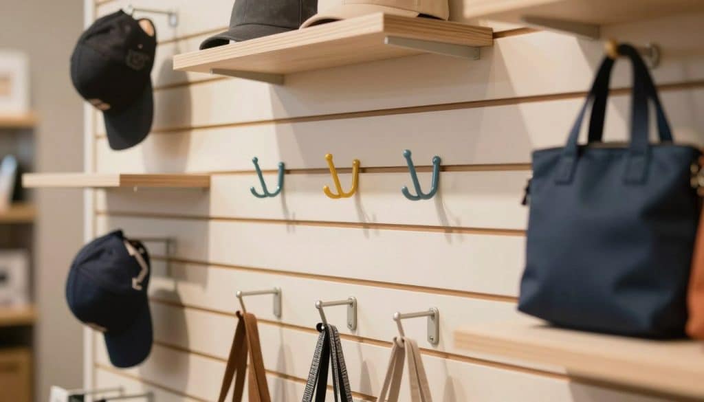 A well-organized retail display featuring MDF slatwall fixtures, showcasing various accessories and hooks that seamlessly attach to the panels. In the foreground, focus on a selection of colorful hooks and shelves, with some being used to display products like hats and bags. The middle ground emphasizes the slatwall panels, crafted from smooth MDF and painted in a light, neutral tone, with visible grooves for mounting. In the background, soft ambient lighting casts a warm glow across the scene, enhancing the colors and textures of the fixtures. Use a shallow depth of field to slightly blur the background, keeping attention on the slatwall and accessories. Create a professional and inviting atmosphere, ideal for a retail environment.
