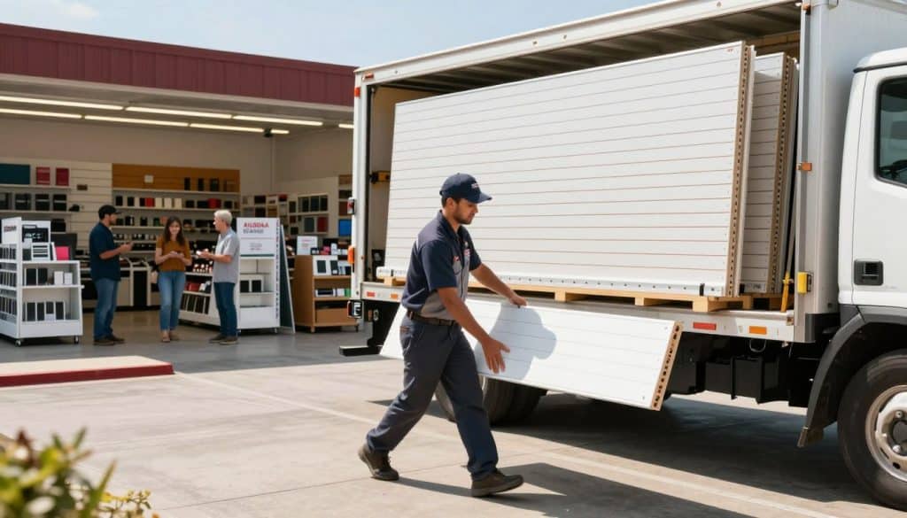 A dynamic scene showcasing fast slatwall delivery in Alabama and Mississippi. In the foreground, a professional delivery driver in a branded uniform, confidently unloading a slatwall display panel from a delivery truck. The middle ground features a loaded delivery truck with slatwall panels neatly stacked. Bright sunlight casts crisp shadows, enhancing the professionalism of the moment. In the background, a bustling store interior with highlighted slatwall display setups, showcasing various merchandise, and a few satisfied customers examined the products. The atmosphere is vibrant and efficient, conveying speed and reliability in service. The composition is captured from a low angle to emphasize the height of the slatwall panels and the dynamic action of the delivery process.