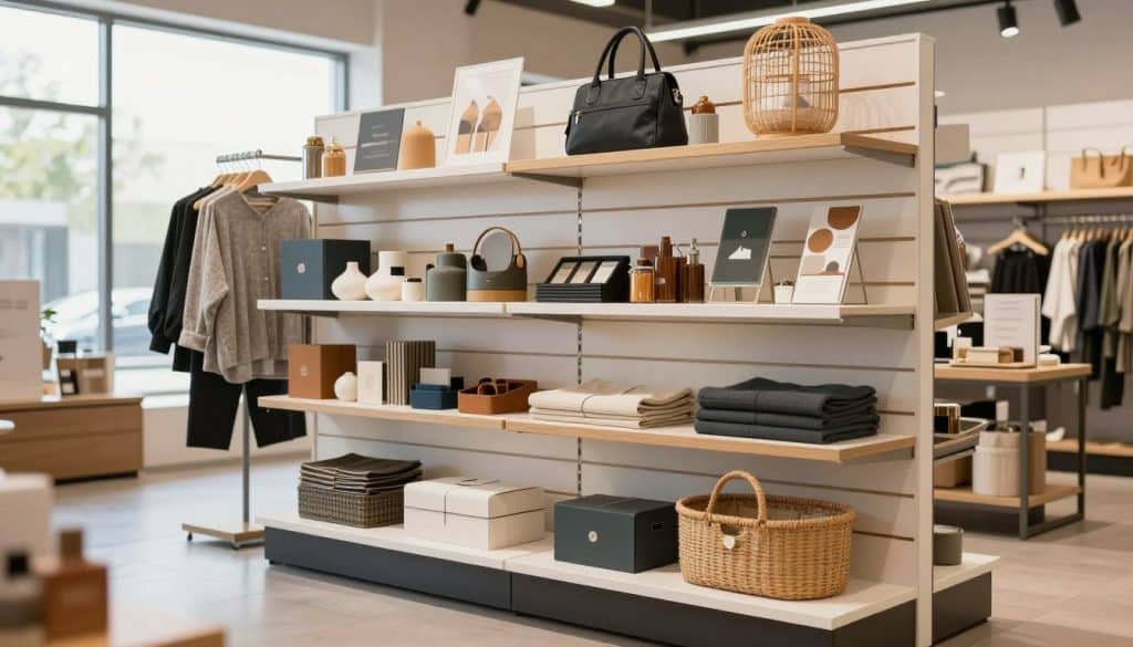 A stylish, modern slatwall display stand is positioned prominently in a bright retail space, showcasing various merchandise like clothing, accessories, and home decor items. The foreground features the slatwall made of high-quality materials, with different colors and finishes reflecting light elegantly. In the middle ground, a well-organized product arrangement invites customer interaction, while behind the display, soft, natural lighting filters through large windows, enhancing the inviting atmosphere. The background includes subtle hints of a retail environment, such as shelving and displays, creating a polished and professional vibe. The angle captures the display from a slightly elevated perspective, emphasizing its height and versatility for both retail and residential use, projecting a sense of reliability and quality.
