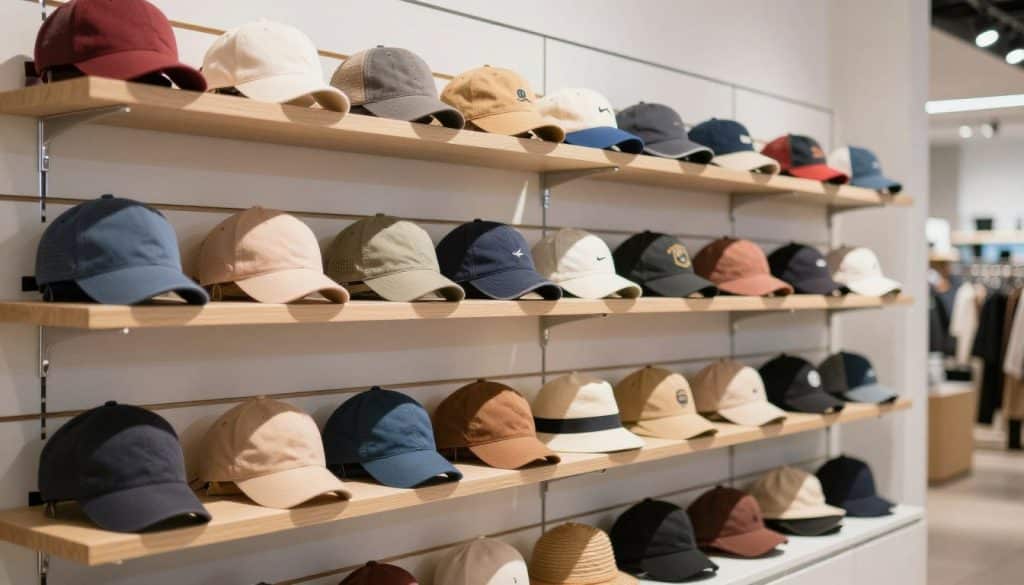 A well-organized hat display system in a retail setting, showcasing a variety of stylish hats arranged neatly on slatwall panels. In the foreground, a selection of colorful baseball caps, fedoras, and wide-brimmed hats are elegantly displayed on sleek metal hooks. The middle section highlights a sturdy slatwall rack system, boasting multiple tiers for optimal visibility, set against a soft-focus background of a modern retail environment. Bright, diffused lighting illuminates the hats, casting gentle shadows that enhance their textures. The atmosphere is professional and inviting, perfect for showcasing retail accessories. The camera angle is slightly tilted to capture depth, providing a dynamic perspective on the display while maintaining a clean and sophisticated look without any text or distractions.