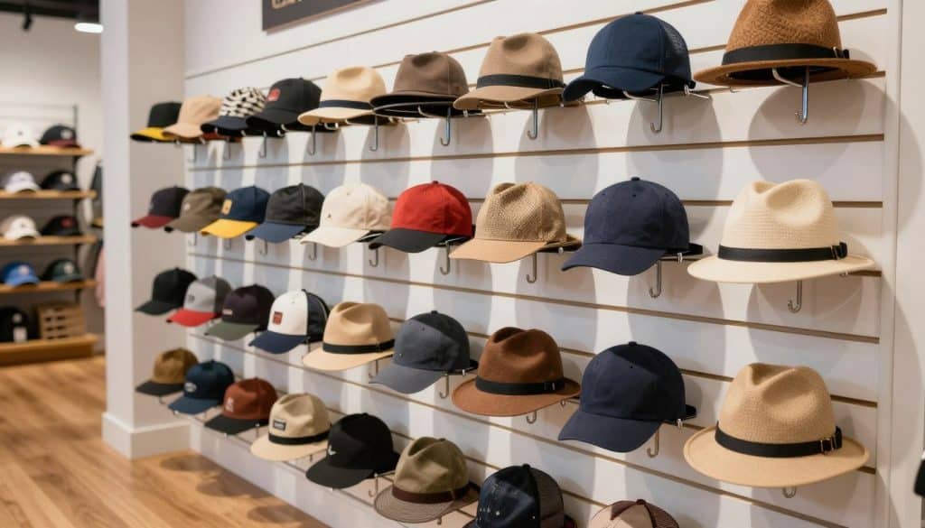 A well-organized retail display showcasing a slatwall hat display system in a modern store setting. In the foreground, a vibrant selection of stylish hats neatly arranged on sturdy metal hooks, showcasing various colors and styles from fedoras to baseball caps. The middle ground features a sleek slatwall backdrop, emphasizing its versatility, with subtle lighting casting soft shadows to enhance the textures. In the background, a clean, bright retail environment with polished wood flooring and minimalistic shelving units highlights the professional ambiance. The atmosphere is inviting and well-lit, evoking a sense of local charm and efficiency, ideal for a business focused on fast shipping and in-stock reliability. The image has a crisp focus, with a slight depth of field to draw attention to the hats displayed.