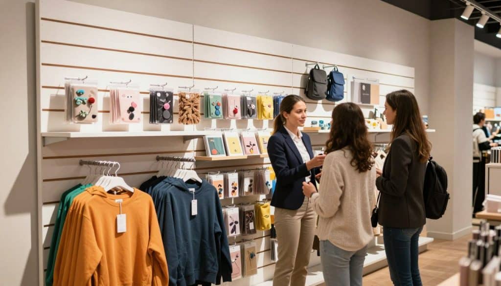 A well-organized slatwall display stand in a modern retail environment, showcasing various product options prominently mounted on sleek slat panels. In the foreground, vibrant merchandise like colorful apparel and accessories hang neatly from hooks and shelves. In the middle ground, a professional sales associate, dressed in smart business attire, is actively assisting a customer, emphasizing the interactive nature of the display. The background features soft, diffused lighting that highlights the slatwall textures, with a warm atmosphere that enhances the inviting retail space. The camera angle is slightly above eye level, providing a comprehensive view of both the display's structure and the engaged customer interaction, capturing the essence of effective merchandising solutions.