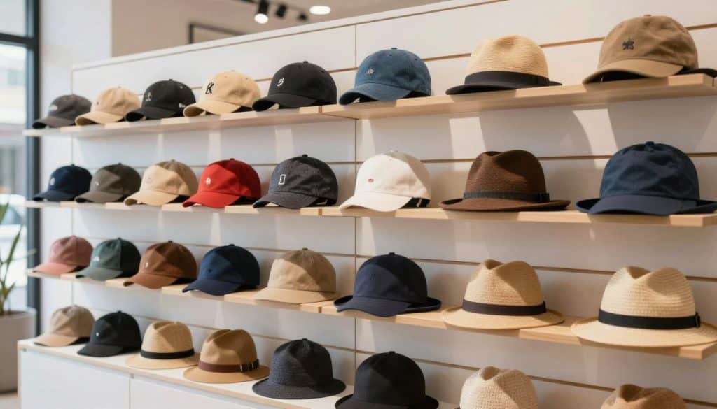 A well-organized slatwall hat display featuring an array of colorful hats in various styles, such as baseball caps, fedoras, and sun hats. The display is positioned in the foreground, showcasing an elegant arrangement on sleek slatwall panels that enhance the visual appeal. The middle ground contains a softly blurred backdrop of a well-lit retail space, adorned with minimalist decor, emphasizing professionalism and style. Bright, natural lighting floods the scene, casting gentle shadows that highlight the textures of the hats and the slatwall surface. A shallow depth of field creates an inviting, focused atmosphere, making the hats the main attraction. The overall mood is clean, modern, and captivating, ideal for retail settings.