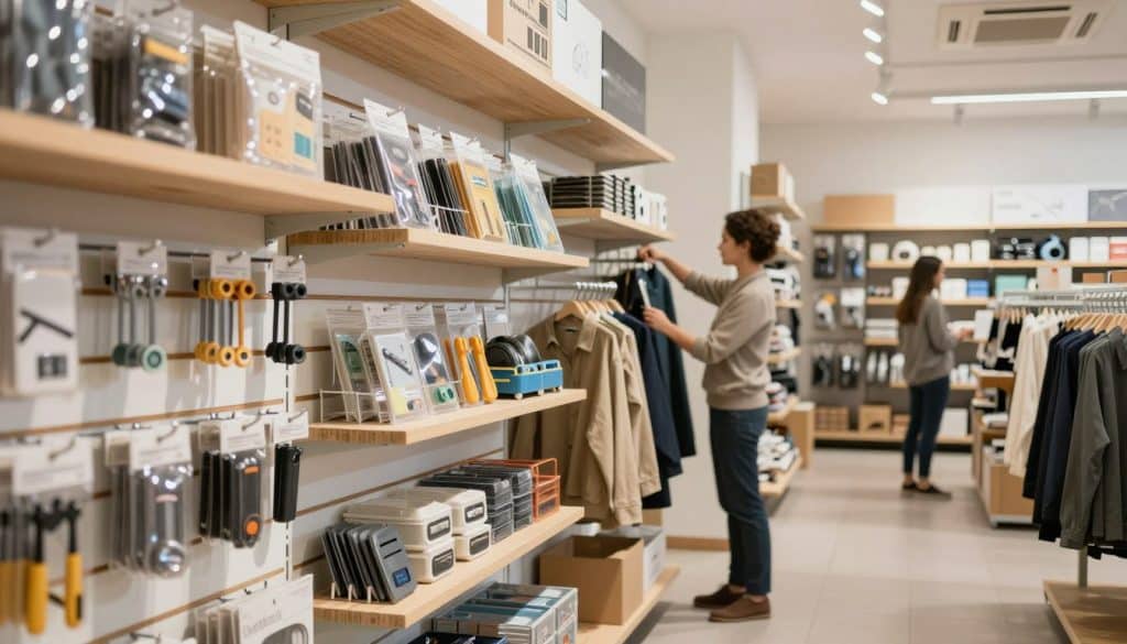 A modern retail space showcasing an organized slatwall display, emphasizing storage solutions. In the foreground, a close-up of sturdy slatwall panels holding an array of shelves, hooks, and accessories neatly arranged, displaying items like tools, clothes, and various merchandise. The middle ground features a well-lit section of the store with professional staff members in modest business attire arranging products and assisting customers. The background includes a dynamic view of additional slatwall installations, creating depth and perspective. Soft, natural lighting highlights the textures and colors of the products, creating an inviting atmosphere. Use a wide-angle lens to capture the entire scene, giving it a spacious feel that communicates efficiency and professionalism.