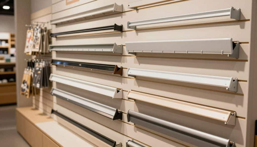 A sleek, modern display of various slatwall rails in a commercial setting. In the foreground, focus on a selection of slatwall rails in assorted sizes and styles, showcasing their versatility and functionality. The middle layer reveals a neatly organized retail space, featuring slatwall panels mounted on walls, displaying hanging merchandise such as clothing or accessories. The background includes soft ambient lighting, creating a warm and inviting atmosphere. Use a wide-angle lens for a comprehensive view and a slightly elevated angle to capture both the details of the rails and the overall shop environment. The mood is professional, highlighting the innovative design and practical application of slatwall rails in retail solutions.