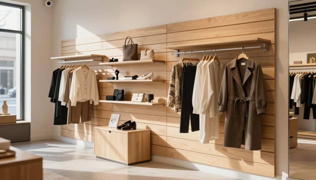 A stylish retail space featuring an elegant slatwall display system prominently in the foreground, showcasing a variety of merchandise such as clothing, accessories, and decorative items. The slatwall, crafted from sleek, light-colored wood, is ingeniously arranged with metal brackets and hooks that highlight the products effectively. In the middle ground, there are minimalist display stands with complementary items to enhance the overall aesthetic. The background features subtle hints of other retail setups, creating a cohesive shopping environment. Soft, natural lighting streams through a large window, casting gentle shadows and adding warmth to the scene. The mood is inviting and modern, reflecting a professional yet approachable atmosphere ideal for enhancing store look and boosting sales.