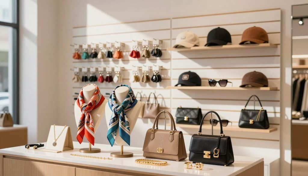 A stylish slat wall display showcasing a variety of accessories that enhance product visibility in a retail environment. In the foreground, elegant display stands filled with colorful scarves, chic handbags, and modern jewelry, meticulously arranged to attract attention. In the middle ground, a well-organized slat wall features multiple hooks and shelves with an array of accessories including keychains, hats, and sunglasses, demonstrating versatility. The background includes a softly blurred retail space, emphasizing the display's impact. Soft, natural lighting streams in from above, creating a warm, inviting atmosphere, while a shallow depth of field draws focus to the accessories. The overall mood is vibrant and professional, ideal for illustrating innovative merchandising strategies.
