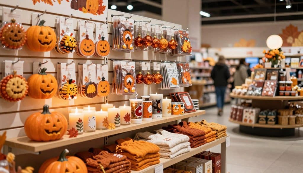 A vibrant seasonal slatwall display showcasing various promotional items for fall festivities. In the foreground, colorful autumn-themed merchandise—such as pumpkin decorations, holiday candles, and cozy sweaters—are neatly arranged on slatwall panels, illuminated by soft, warm lighting. In the middle ground, there are sleek metal hooks and shelves holding additional seasonal products like festive ornaments and back-to-school supplies, carefully organized for easy access. The background features a subtle blurred view of a retail environment, with softly lit display tables accentuating the atmosphere of a bustling store. The overall mood is inviting and inspiring, enticing shoppers to explore seasonal deals. The image is captured at eye-level with a slight wide-angle lens to convey a welcoming space.