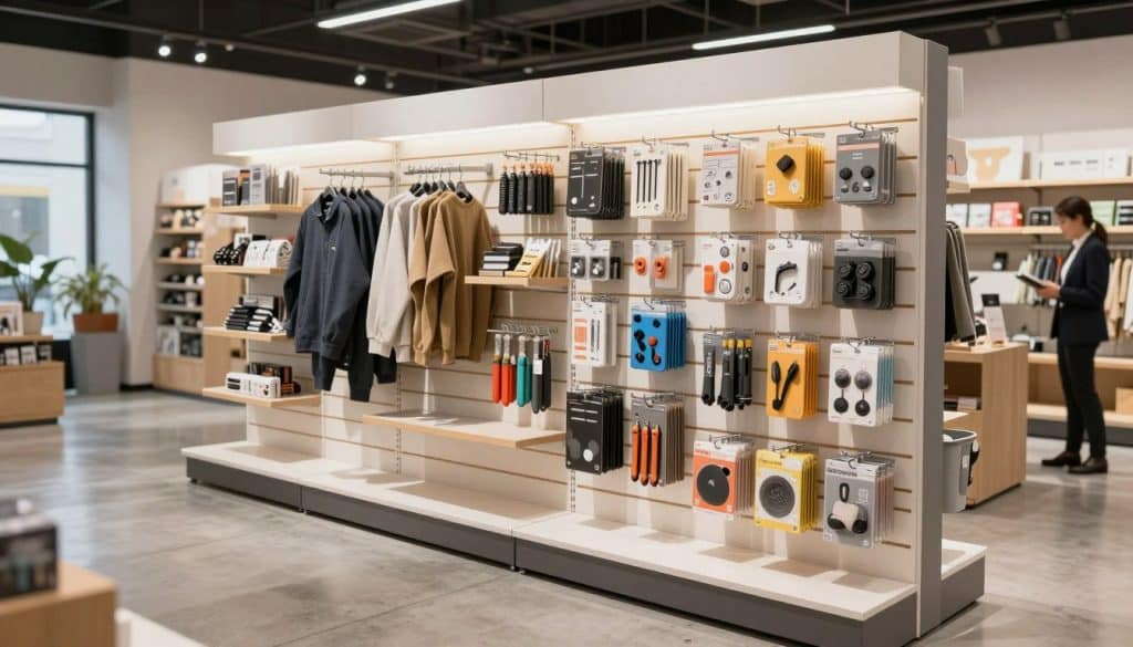 A modern slatwall merchandiser displayed prominently in a retail environment, showcasing a variety of products such as apparel, tools, and accessories. The foreground features sleek, customizable slatwall panels in neutral tones, meticulously organized with hooks and shelves holding merchandise. In the middle ground, bright, soft lighting enhances the colors and textures of displayed items, creating an inviting atmosphere. The background shows a well-designed retail space with polished concrete floors and minimalistic decor, suggesting a blend of modernity and functionality. A professional individual in business attire stands nearby, reinforcing the professional retail setting. The overall mood is practical yet stylish, emphasizing innovative slatwall display solutions for organization and merchandising excellence. The image is captured from a slightly elevated angle, allowing a clear view of the slatwall structure and its diverse offerings.