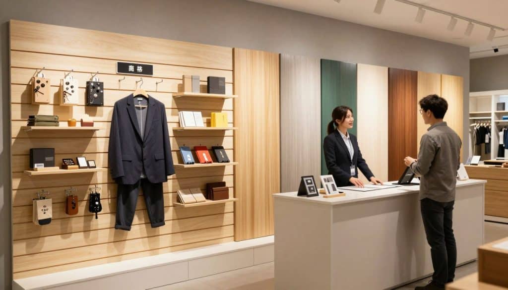A professional retail space featuring premium slatwall panels in a variety of finishes, neatly arranged to showcase their functionality. In the foreground, a well-lit section of the slatwall displays an array of carefully spaced merchandise, such as clothing and accessories, using hooks and shelves. The middle ground reveals a sleek countertop with a sales representative in professional attire engaging with a customer, conveying a welcoming atmosphere. The background showcases more slatwall panels in different colors and textures, enhancing the visualization of options available. Soft, diffused lighting illuminates the space, adding warmth and clarity, creating an inviting and professional retail environment. Ideal perspective is a eye-level shot to emphasize both product and interaction.