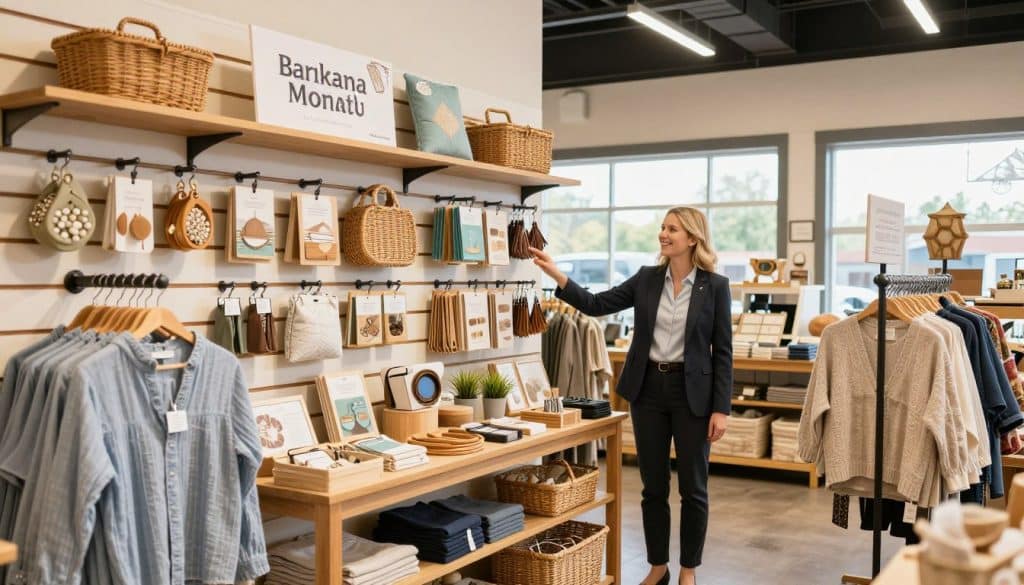 A well-organized interior display area featuring slatwall gondola systems, showcasing various products in an aesthetically pleasing manner. In the foreground, there's a detailed slatwall display with neatly arranged merchandise, such as retail clothing, accessories, and home goods, emphasizing local craftsmanship. The middle ground features a friendly professional, dressed in business attire, gesturing towards the slatwall displays, exuding a sense of local expertise and customer service. In the background, a bright, inviting shop interior with warm, ambient lighting creates a welcoming atmosphere, while hints of Alabama and Mississippi landscapes are subtly visible through large windows. The scene should feel vibrant yet calming, capturing the essence of honesty and reliability in local service. Use a wide-angle lens perspective to include all elements harmoniously.