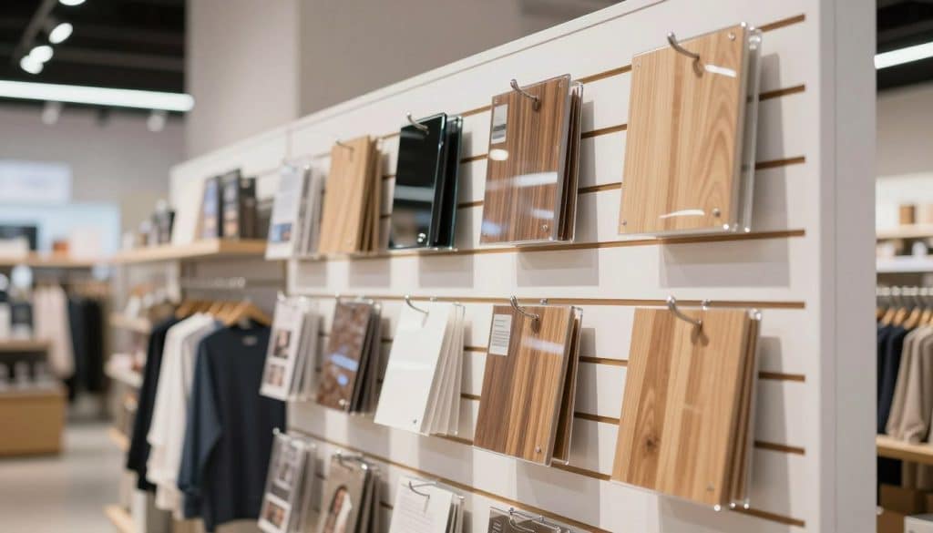 A well-organized slatwall merchandiser set in a modern retail environment. In the foreground, the slatwall display features various products, including clothing and accessories, neatly arranged with clear visibility. The middle section showcases the versatile finishes of the slatwall, highlighting wood, metal, and acrylic textures, with integrated lighting illuminating the products effectively. The background features a softly blurred view of a contemporary retail space, enhancing the focus on the merchandiser. The lighting is bright and even, creating an inviting atmosphere, while the angle is a slight downward perspective to emphasize the height and design of the display. The overall mood is professional and polished, suitable for showcasing retail solutions.