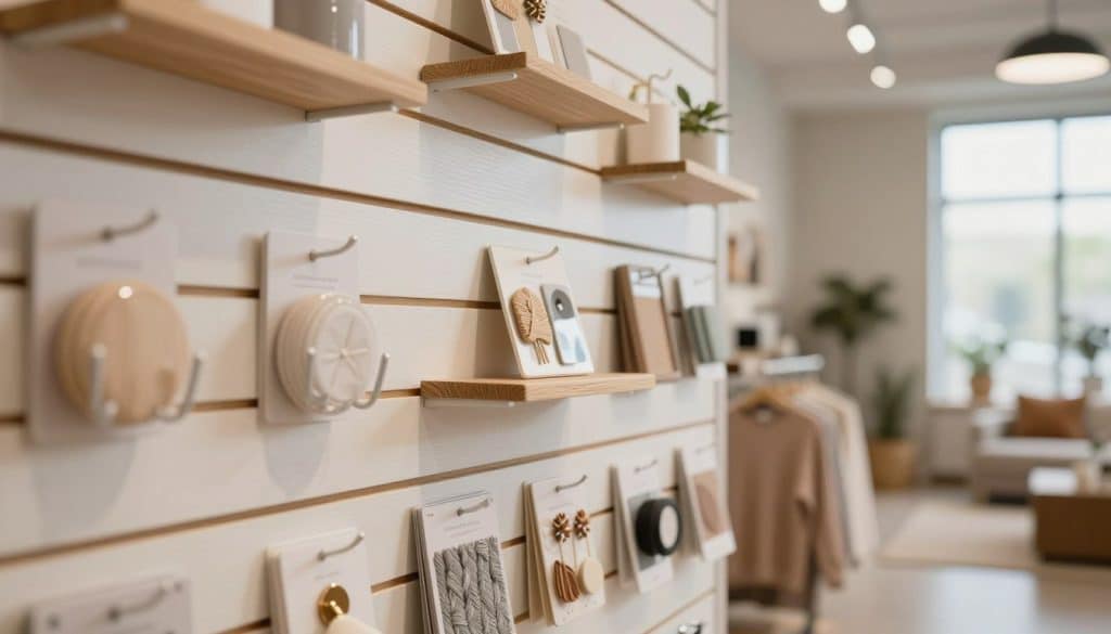 A close-up view of slatwall panels displayed in a retail environment, showcasing an array of customizable hooks and shelves. The foreground features the textured surface of the slatwall, with various products artfully arranged, such as clothing accessories and display items. In the middle ground, the setting transitions to a well-organized retail space with good lighting, highlighting the versatility of slatwall displays. The background features a relaxed shopping atmosphere, with neutral-colored walls and clean lines. Soft, natural light filters in through large windows, creating a welcoming and professional mood. The perspective is slightly angled to emphasize the depth and functionality of the slatwall panels in use.