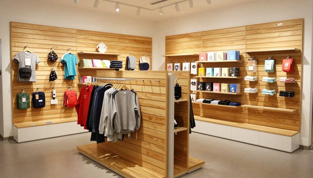 A spacious retail environment showcasing slatwall panels in various configurations, highlighting their versatility in display solutions. In the foreground, neatly arranged slatwall panels in a warm maple finish, featuring hooks and shelves displaying colorful merchandise such as clothing and accessories. In the middle ground, a modern gondola display unit is present, showcasing an assortment of products and integrating well with the slatwall. The background features soft, even lighting that enhances the textures of the panels while creating a welcoming atmosphere. The scene is captured from a slightly elevated angle, emphasizing the layout and design of the retail space, evoking a professional and organized mood suitable for retail design inspiration.