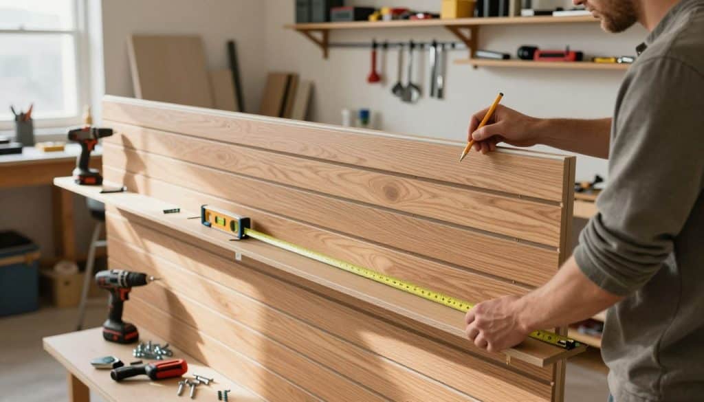 A well-lit workshop scene focusing on the step-by-step installation of slatwall panels. In the foreground, a professional-looking individual dressed in modest casual clothing is measuring and marking the wall with a pencil, using a level tool. The middle layer showcases partially installed slatwall panels in wood grain finish, with organized tools such as a drill, screws, and a stud finder neatly arranged. In the background, shelves filled with assorted tools and hardware create a sense of an efficient workspace. Soft diffused natural light streams in through a window, casting gentle shadows and enhancing the atmosphere of productivity. The perspective should be from slightly below eye level, emphasizing the installation process while maintaining clarity of the workspace environment. - slatwall panel installation