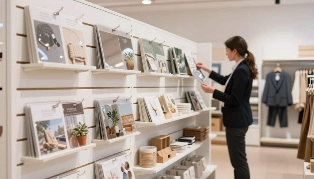 A well-organized retail display using slatwall panels in a brightly lit setting, showcasing multiple merchandise types such as clothing, accessories, and home goods. In the foreground, a close-up view of the slatwall panels with various hooks and shelves personalized with branded items, reflecting versatility and functionality. In the middle ground, a customer, dressed in professional business attire, browses the items, emphasizing the practical use of slatwall for organization. The background features a minimalist store environment with complementary colors, softly lit to create a welcoming atmosphere. The perspective is slightly angled, providing depth and visually illustrating the effectiveness of slatwall panels in retail design.