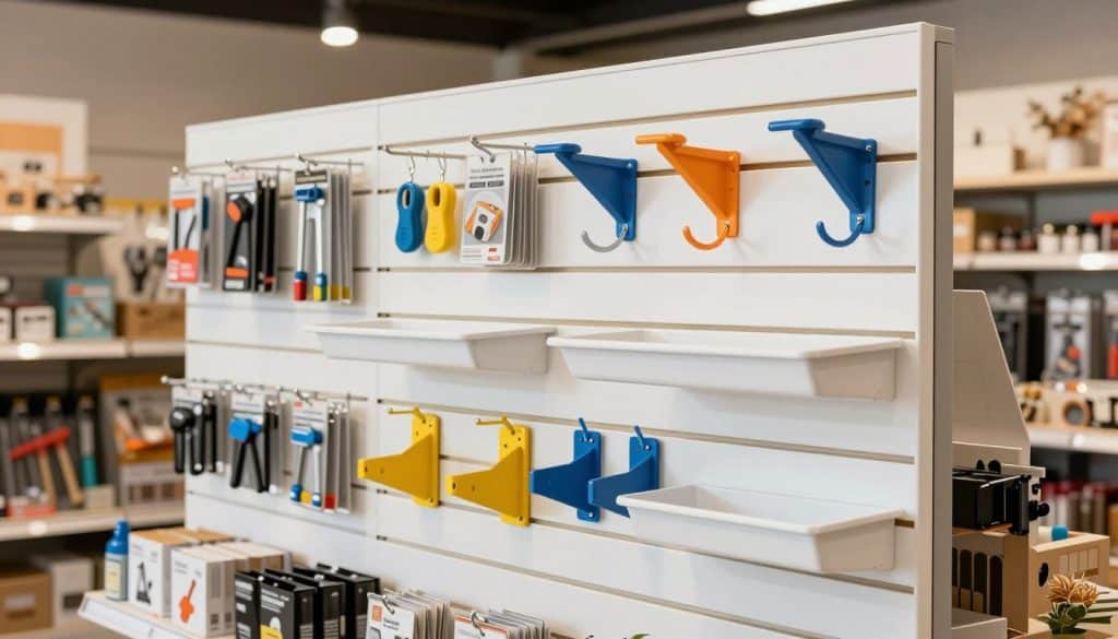 A clean and modern retail environment showcasing a slatwall panel, prominently featured in the foreground. The slatwall is a sleek white finish, displaying an array of colorful, premium slatwall accessories such as hooks, shelves, and brackets, designed for both retail and garage organization. In the middle ground, neatly organized merchandise is highlighted, including tools and decorative items, suggesting versatility for various uses. The background features soft-focus store elements with warm, ambient lighting that creates an inviting atmosphere, reminiscent of a professional retail space in Alabama or Mississippi. Captured from a slightly elevated angle to showcase depth, the image is sharp with a focus on the details of the slatwall accessories, emphasizing quality and organization without any text overlays or distractions.