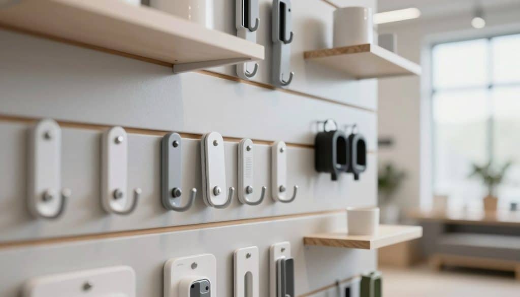 A detailed slatwall panel displaying a variety of slatwall accessories for retail use, showcasing an array of hooks, shelves, and displays. The panel is made of a durable, textured material, featuring a neutral color palette of light gray and white for a modern aesthetic. In the foreground, a selection of sturdy, secure CamLok accessories is highlighted, emphasizing their robustness and ease of installation. The background should feature a clean, well-lit retail space with soft, diffused natural light coming from large windows, creating a welcoming atmosphere. Use a shallow depth of field to draw focus to the slatwall panel while the surroundings remain slightly blurred. Capture the image from a slight angle, providing depth and perspective, ensuring a professional and polished look suitable for an informative article.