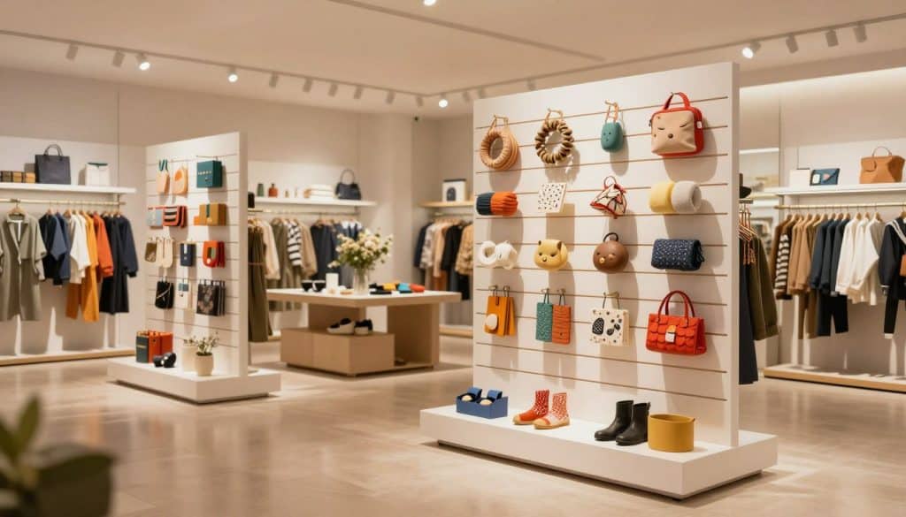 A modern retail space showcasing elegant slatwall displays. In the foreground, several slatwall panels feature an array of colorful merchandise, such as clothing, accessories, and small home goods, seamlessly arranged to highlight the products. The middle ground includes a sleek display table adorned with minimalist decor, enhancing the overall aesthetic. In the background, soft ambient lighting bathes the scene in a warm glow, with shelves of neatly organized items creating a sense of depth. The perspective is slightly angled to emphasize the vertical space and the polished flooring, which reflects the light. The atmosphere is professional yet inviting, perfect for inspiring retail display ideas that maximize product visibility and optimize floor space.