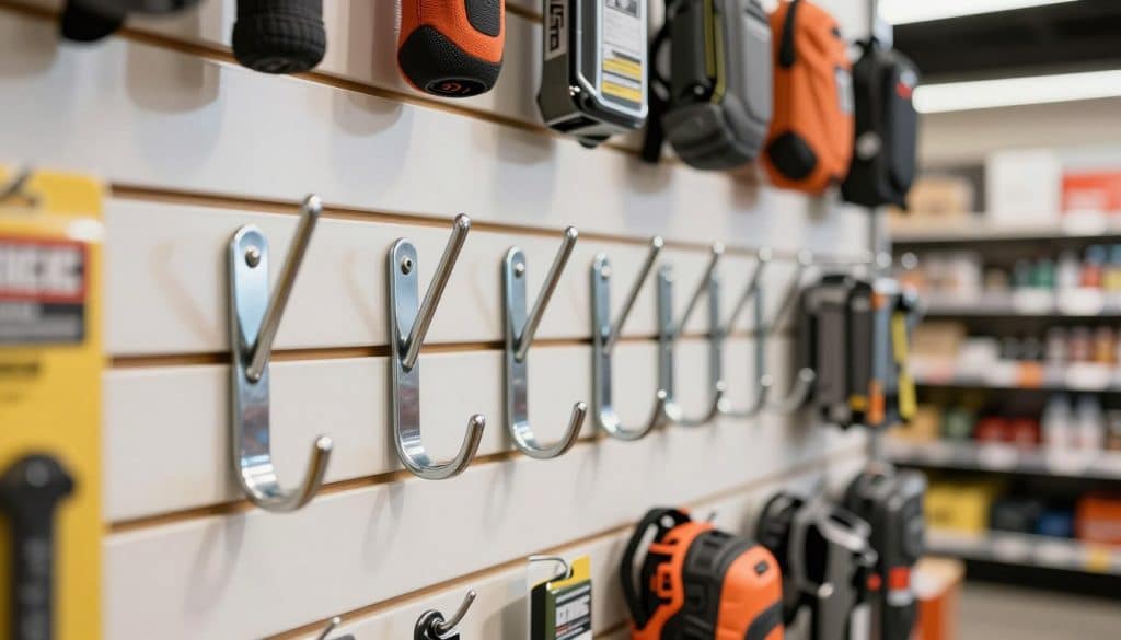 A well-lit display showcasing heavy-duty slatwall panel hooks in a retail environment. In the foreground, focus on several sturdy, metallic hooks, showcasing their robust construction and a glossy finish. The middle ground features slatwall panels filled with various types of gear securely hung on the hooks, including tools, sports equipment, and accessories, emphasizing their strength and reliability. In the background, softly blurred shelves filled with gear and supplies create a professional retail atmosphere. The lighting is bright yet soft, aiming to highlight the metallic textures and shadows without harsh reflections. The mood is one of durability and professionalism, conveying confidence in the product's capability to protect valuable gear and complement slat panels effectively.