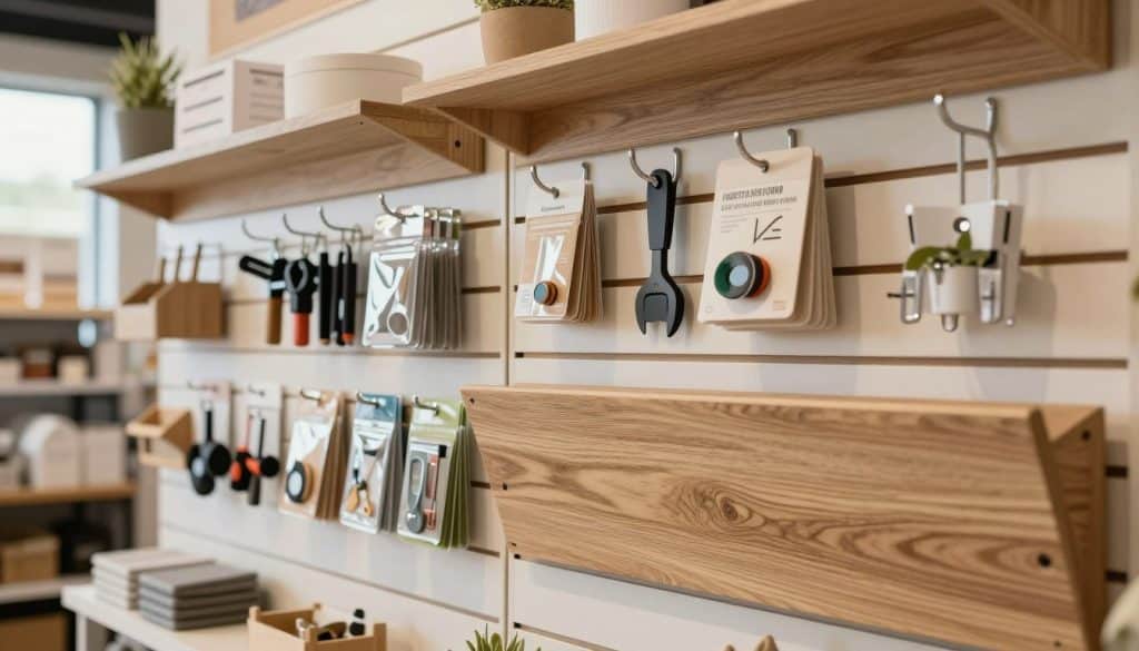 A well-organized wall storage display featuring a variety of slatwall panels, neatly arranged with hooks holding an assortment of retail items such as tools, accessories, and home goods. In the foreground, focus on the sturdy, USA-made slatwall panels with a modern wood texture, showcasing their versatility. In the middle, highlight the hooks and products artistically placed to display a functional and appealing storage solution. The background should feature a softly blurred retail environment, adding depth to the scene. Use natural lighting to create a warm and inviting atmosphere, capturing a sense of trust and reliability. The angle should be slightly elevated, providing a comprehensive view of the wall storage solution, emphasizing its practicality and aesthetic appeal.